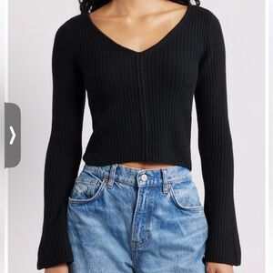NWT Madewell Black V-Neck Cropped Merino Wool Sweater